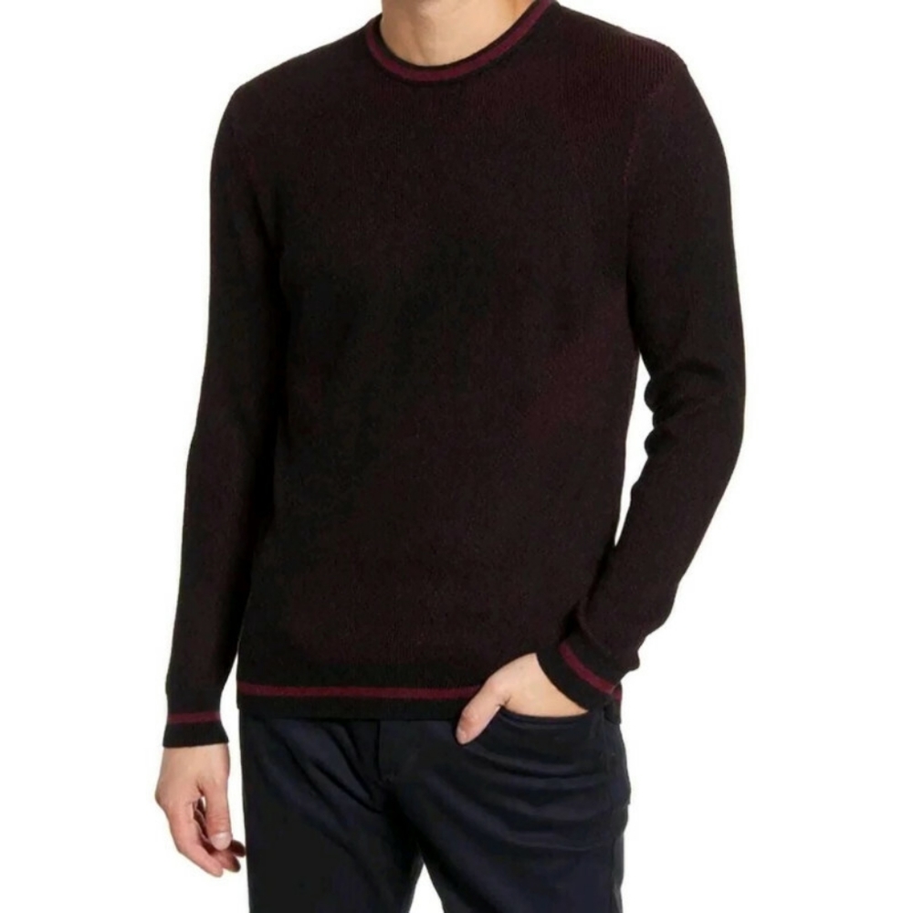 Vince Camuto Men's Tipped Crew Neck Sweater Burgundy/Black  Size L